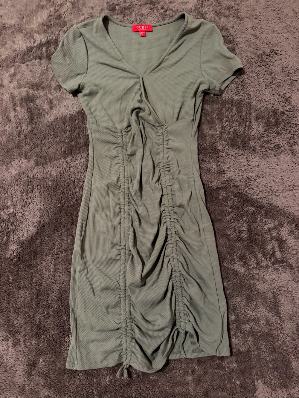 GUESS Olive Green Ruched V-Neck Mini Dress